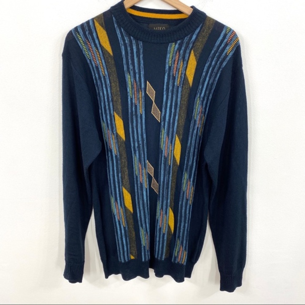 MIKO Navy Geometric Print Grandpa Sweater